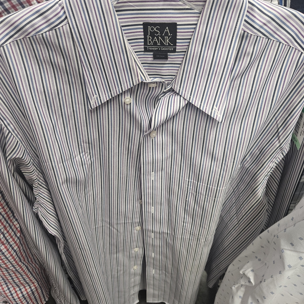 Jos. A. Bank Men's White Dress Shirt with Blue & Purple Pinstripes